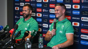 <p>FULL STEAM AHEAD: Captain Jonathan Sexton, right, and Head Coach Andy Farrell during an Ireland are ready to go full steam ahead in their opening RWC game against Romania on Saturday. Pic:Brendan Moran/Sportsfile</p>