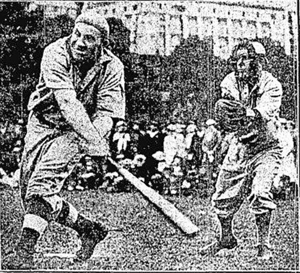 Milligan from the Melville team hits a mighty stroke playing in the baseball match against Trippe at the Mardyke on July 25, 1917. Milligan from the Melville team hits a mighty stroke playing in the baseball match against Trippe at the Mardyke on July 25, 1917.