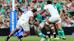 <p>PAYING THE PRICE: England’s Billy Vunipola was sent off after this high hit on Ireland’s Andrew Porter in their clash at the Aviva Stadium last month. Picture: Dan Sheridan/Inpho</p>