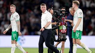 <p>Ireland manager Stephen Kenny dejected after the game</p>