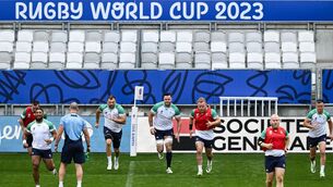<p>8 September 2023; Ireland players, from left, Bundee Aki, Tadhg Beirne, James Ryan, Finlay Bealham, Jeremy Loughman and Jonathan Sexton during their captain's run at the Stade de Bordeaux in Bordeaux, France. Photo by Brendan Moran/Sportsfile</p>