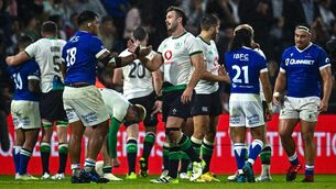 <p>RESPECT: Caelan Doris of Ireland and Michael Ala'Alatoa of Samoa after the Rugby World Cup warm-up match in Bayonne. Pic: Harry Murphy/Sportsfile</p>