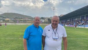 <p>MENTOR: Dave McHugh with Tbilisi Khvamli coach Nugzar Malaghuradze before Khvamli v Lelo Saracens</p>