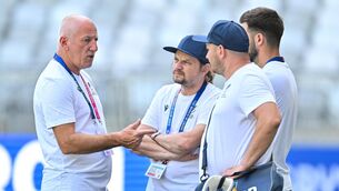 <p>BRAINS TRUST: Head coach Eugen Apjok, left, with his management team during the Romania rugby squad captain's run at the Stade de Bordeaux. Pic: Brendan Moran/Sportsfile</p>