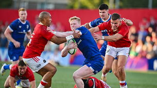 <p>RUN-OUT: Jamie Osborne of Leinster in action against Munster players, from left, Simon Zebo, Stephen Archer and Shane Daly. Pic: Sam Barnes/Sportsfile</p>
