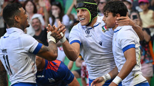 <p>UP AND RUNNING: Italy’s Ange Capuozzo celebrates after scoring. Pic: ©INPHO/Giuseppe Fama</p>