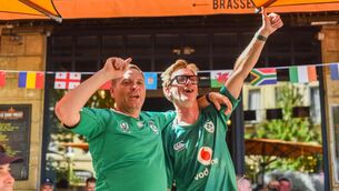 <p>EXPECTANT: Irish fans Paul Heffernan and Fabien Pollard soaking in the pre-match atmosphere in Bordeaux ahead of Ireland's opening game of the Rugby World Cup against Romania at Stade de Bordeaux. Pic: Cian O'Regan.</p>