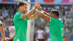<p>UP AND RUNNING: Ireland’s Bundee Aki celebrates with Conor Murray after scoring. Picture: INPHO/Laszlo Geczo</p>