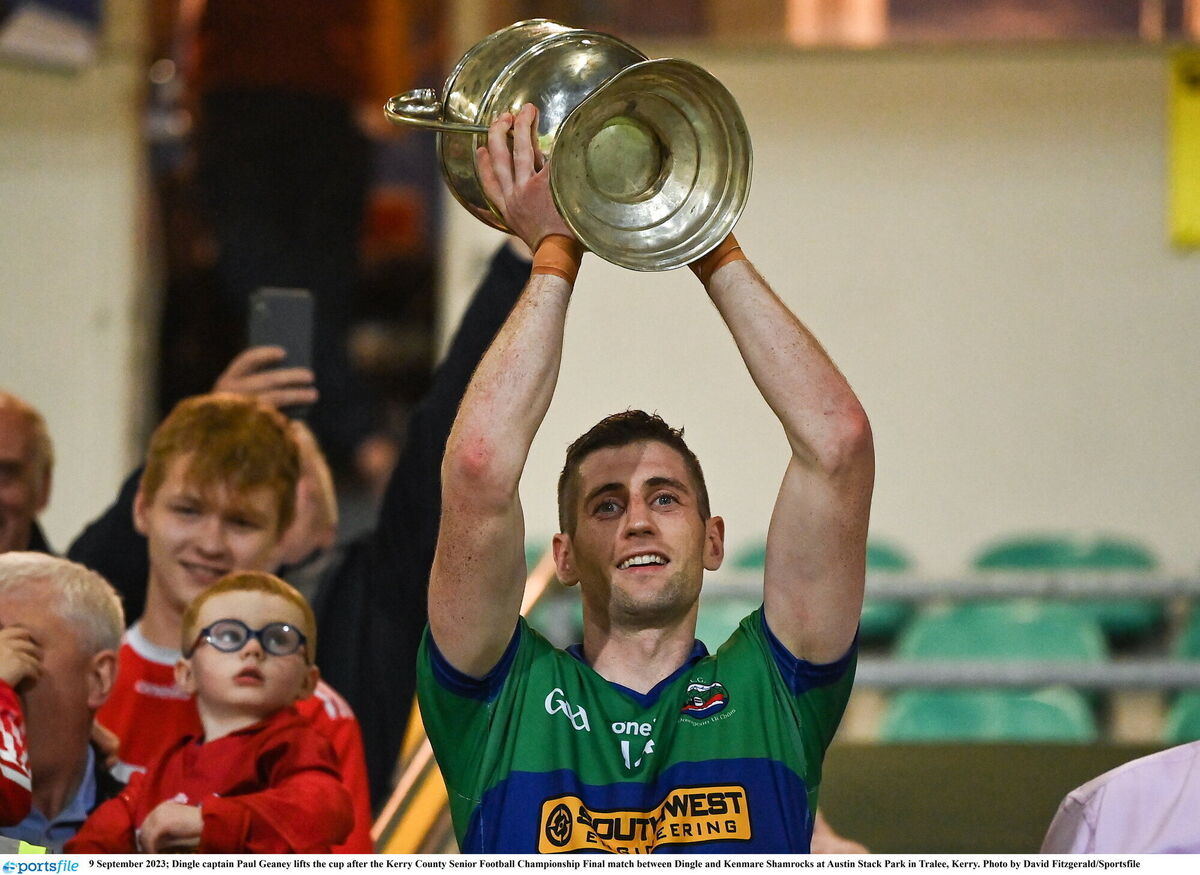 RAISING SILVERWARE: Dingle captain Paul Geaney lifts the cup after the Kerry County Senior Football Championship Final. Pic: David Fitzgerald/Sportsfile