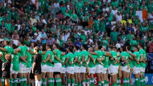 <p>SHOULDER TO SHOULDER: Ireland stand for the national anthem. Picture: INPHO/Laszlo Geczo</p>
