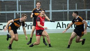 <p>‘The eyes have it…”: Fossa's David Clifford scores a great point despite the best effort of Austin Stacks' Dylan Casey, Paul O'Sullivan and Colm Browne in the Kerry IFC semi final in Killarney.</p>