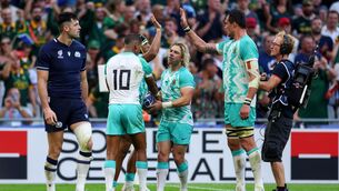 <p>WINNING START: South Africa’s Kurt-Lee Arendse celebrates scoring a try with Mannie Libbok, Faf De Klerk and Franco Mostert. Pic Credit ©INPHO/James Crombie</p>