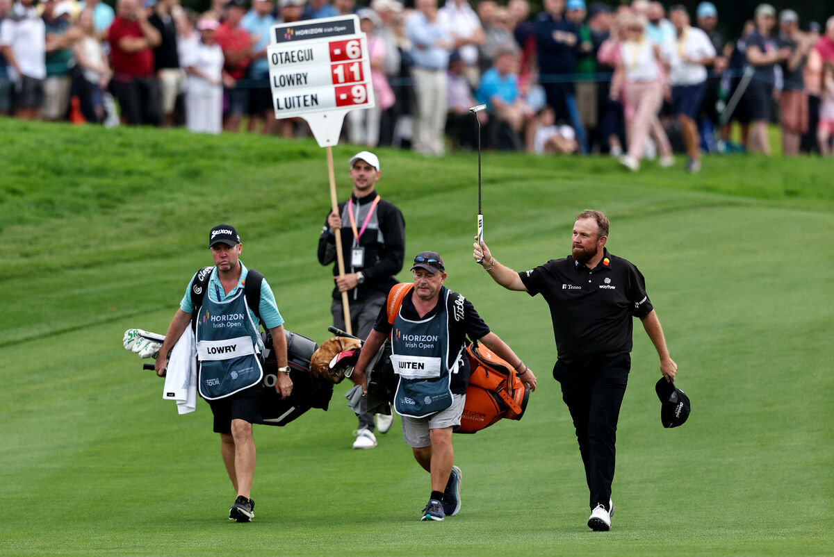 Ireland’s Shane Lowry acknowledges the crowd as he walks to the 18th green. Ireland’s Shane Lowry acknowledges the crowd as he walks to the 18th green.