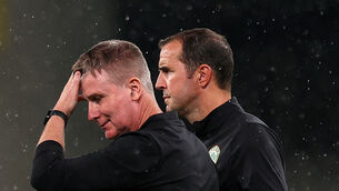<p>GUTTED: Ireland manager Stephen Kenny and assistant coach John O’Shea dejected after the game. Pic:©INPHO/Ryan Byrne</p>