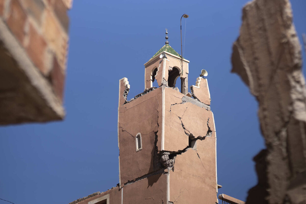 CORRECTS NAME OF VILLAGE A cracked mosque minaret stands after an earthquake in Moulay Brahim village, near Marrakech, Morocco, Saturday. 