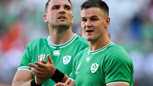 <p>Jonathan Sexton, right, and Tadhg Beirne of Ireland after the 2023 Rugby World Cup Pool B match between Ireland and Romania at Stade de Bordeaux in Bordeaux, France. Photo by Brendan Moran/Sportsfile</p>
