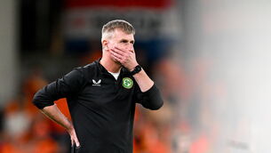 <p>UNDER PRESSURE: Republic of Ireland manager Stephen Kenny reacts during the UEFA EURO 2024 Championship qualifying group B match between Republic of Ireland and Netherlands at the Aviva Stadium in Dublin. Pic: Stephen McCarthy/Sportsfile</p>