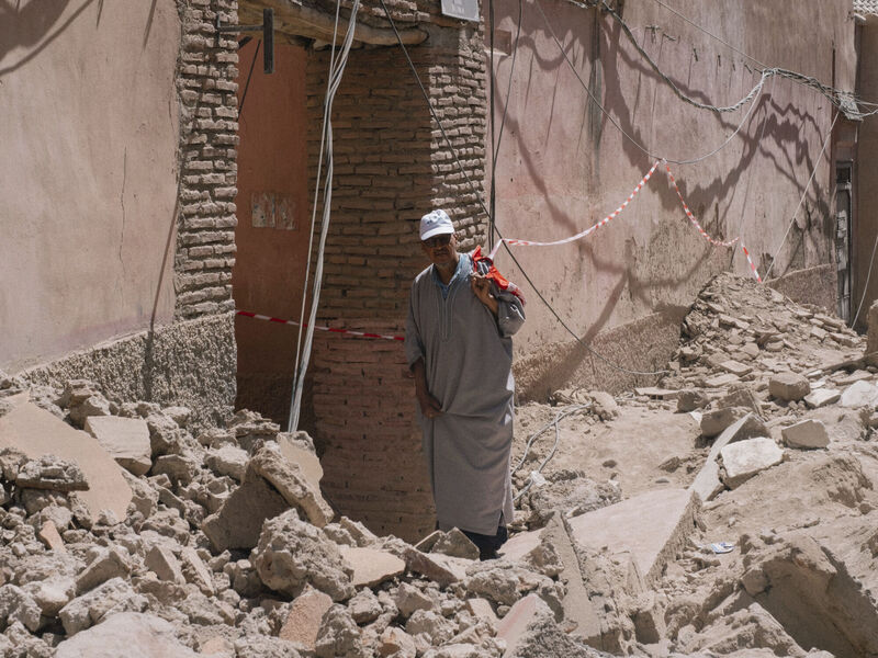 A man inspects damage caused by the earthquake as he walks in the old Medina of Marrakech. Picture: AP A man inspects damage caused by the earthquake as he walks in the old Medina of Marrakech. Picture: AP