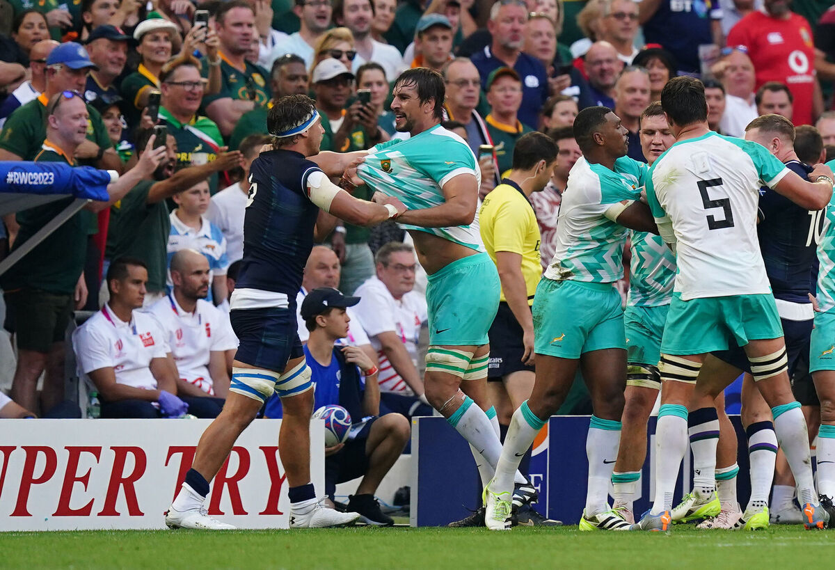Scotland's Jamie Ritchie argues with South Africa's Eben Etzebeth.