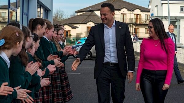 Taoiseach Leo Varadkar visiting St Joseph’s College, Lucan, today with local Fine Gael candidate Emer Higgins. Pic: Douglas O'Connor