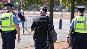 <p>Gardaí patrol the perimeter of the stadium with a member of the Gendarmerie, French police, before the 2023 Rugby World Cup Pool B match between Ireland and Romania at Stade de Bordeaux in Bordeaux, France. Picture: Brendan Moran/Sportsfile</p>