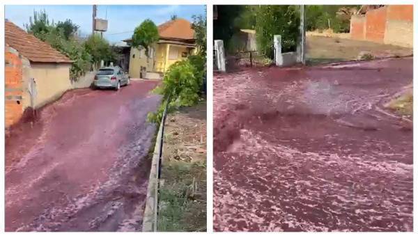 Enough red wine to fill an Olympic-size swimming pool rushed through the streets of a village in Portugal. Pictures: @nuno_mar/Twitter