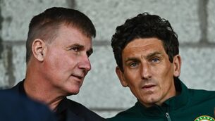 <p>TIME UP? Republic of Ireland manager Stephen Kenny, left, and Republic of Ireland coach Keith Andrews before the UEFA European Under-21 Championship Qualifier match between Republic of Ireland and San Marino at Turner’s Cross Stadium. Pic: Eóin Noonan/Sportsfile</p>