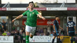 <p>STARBOY: Rocco Vata of the Republic of Ireland celebrates after scoring his side's first goal during the UEFA European Under-21 Championship Qualifier match between Republic of Ireland and San Marino at Turner’s Cross Stadium. Pic: Eóin Noonan/Sportsfile</p>