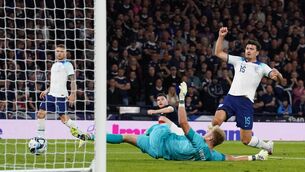 <p>OWN GOAL: England’s Harry Maguire scores an own goal during the international friendly match at Hampden Park. Pic: Andrew Milligan/PA Wire</p>