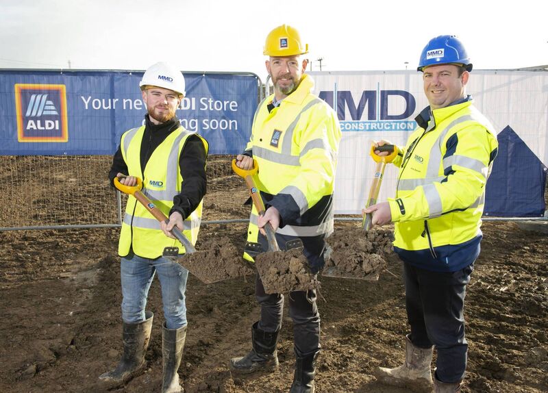 Jamie Lucy Site Manager MMD Construction, John Sweeney Property Director, ALDI Ireland and James Barrett Contract Manager, MMD Construction at the site in February 2023
