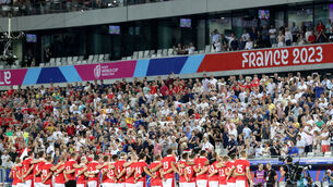 <p>Wales stand for the National Anthem. Pic:  ©INPHO/Laszlo Geczo</p>