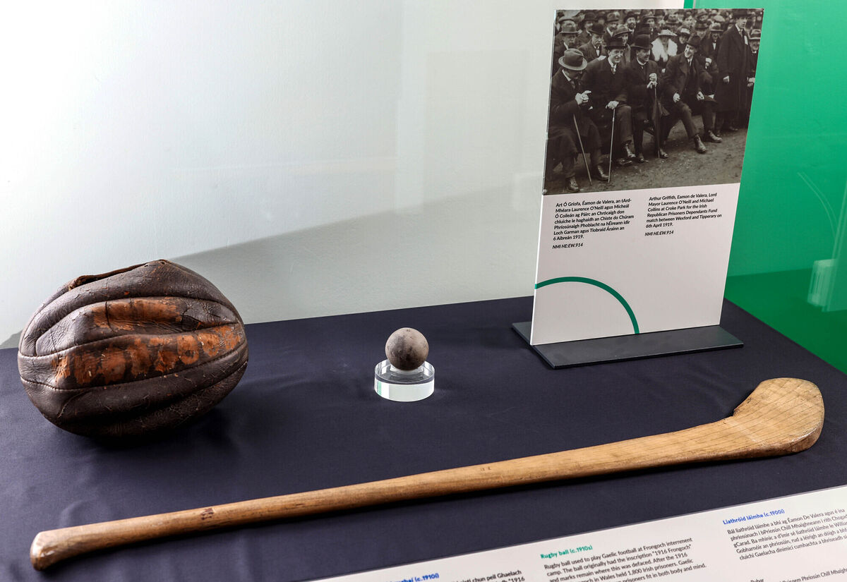 A rugby football used by the prisoners to play Gaelic football in Frongoch internment camp in Wales in 1916, a hurl owned by Michael Collins and a handball said to have been used by Eamon DeValera when he was interned at Kilmainham Gaol in the Irish Civil War. Picture: Marc O'Sullivan A rugby football used by the prisoners to play Gaelic football in Frongoch internment camp in Wales in 1916, a hurl owned by Michael Collins and a handball said to have been used by Eamon DeValera when he was interned at Kilmainham Gaol in the Irish Civil War. Picture: Marc O'Sullivan