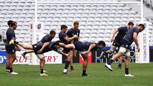 <p>Uruguay's players take part in a training session on the eve of their 2023 World Cup match against France. (Photo by Anne-Christine POUJOULAT / AFP)</p>