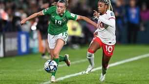 <p>TEEN SENSATION: Abbie Larkin of Republic of Ireland in action against Ashley Lawrence of Canada during the FIFA Women's World Cup 2023 Group B match between Republic of Ireland and Canada at Perth Rectangular Stadium in Perth, Australia. Photo by Stephen McCarthy/Sportsfile</p>