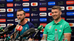 <p>DOUBLE ACT: Mack Hansen and Peter O’Mahony address the media. Picture: INPHO/Dan Sheridan</p>