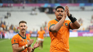 <p>CROSSING THEIR FINGERS: Australia’s Will Skelton applauds fans after the game. Pic:  ©INPHO/Dave Winter</p>