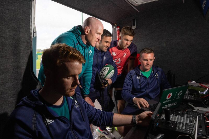Alan Wash, performance analyst IRFU; Paul O’Connell, Ireland’s forward coach; Vinny Hammond, Head of Analytics and Innovation with the IRFU; out-half Jack Crowley and John Buckley, performance analyst, IRFU, at the IRFU’s High Performance Centre.