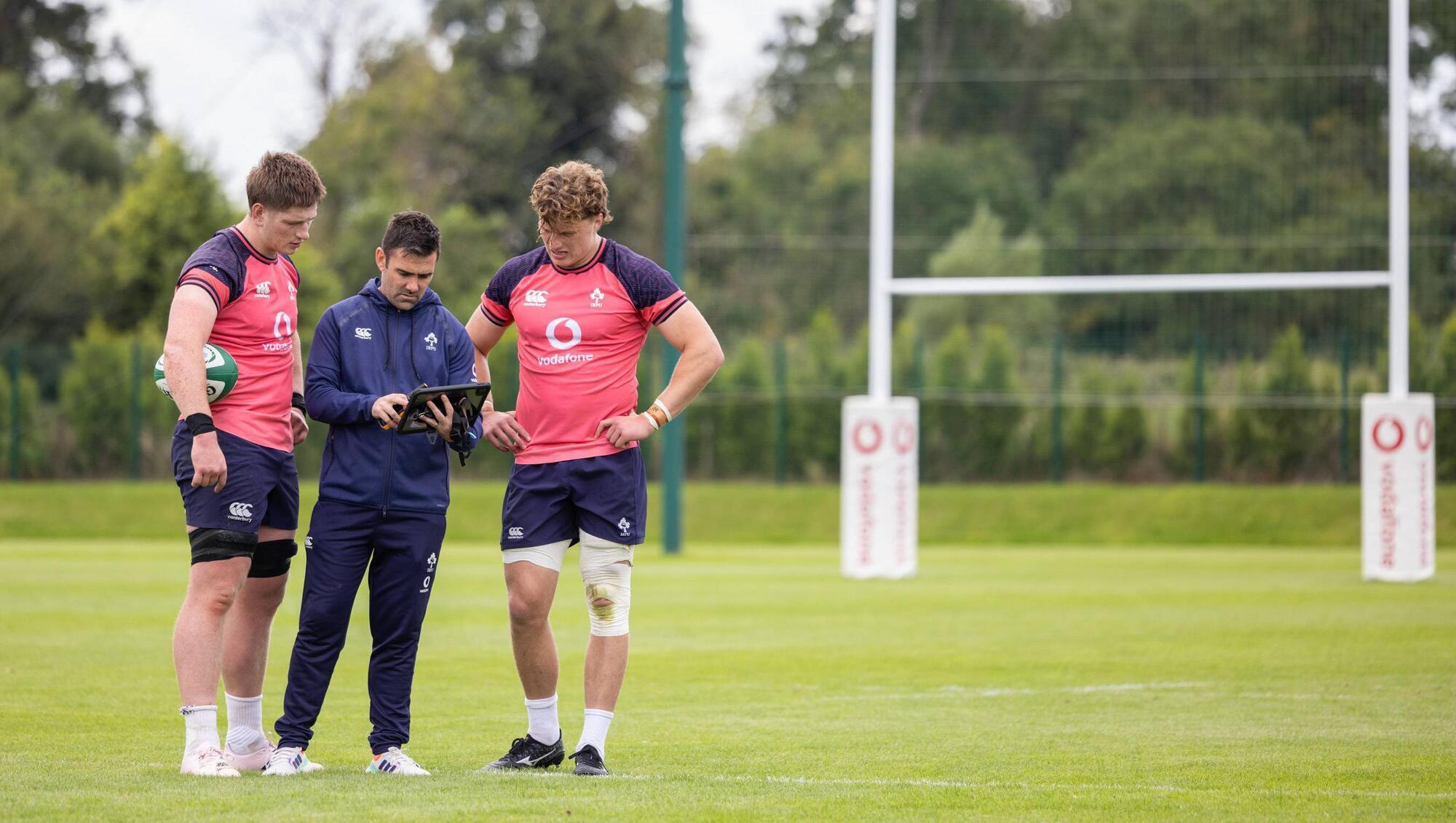 Head of Analytics and Innovation at the IRFU, Vinny Hammond, is pictured here with players Joe McCarthy and Cian Prendergast at the IRFU’s High Performance Centre. Pictures: Naoise Culhane 