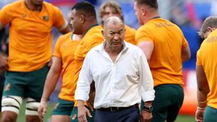 <p>Eddie Jones, Head Coach of Australia, during the warm-up prior to the Rugby World Cup France 2023 match between Australia and Georgia at Stade de France on September 09, 2023 in Paris, France. (Photo by Warren Little/Getty Images)</p>