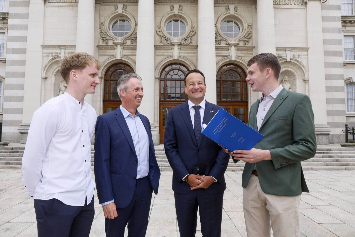 Shane O’Connor and Liam Carew, 2023 BT Young Scientist and Technology Winners, meeting Taoiseach Leo Varadkar TD and Shay Walsh, managing director of BT Ireland, at Government Buildings, Dublin. Picture: Fennell Photography 2023 Shane O’Connor and Liam Carew, 2023 BT Young Scientist and Technology Winners, meeting Taoiseach Leo Varadkar TD and Shay Walsh, managing director of BT Ireland, at Government Buildings, Dublin. Picture: Fennell Photography 2023