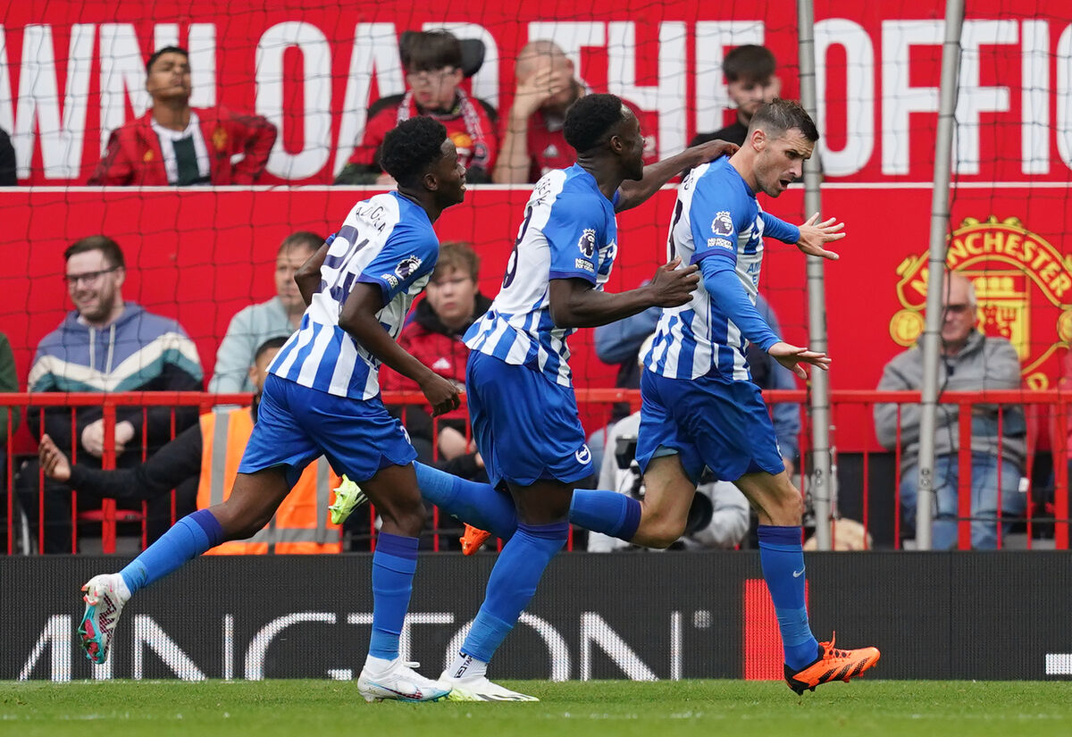 Brighton and Hove Albion's Pascal Gross (right) celebrates scoring their side's second goal of the game during the Premier League match at Old Trafford, Manchester. Picture: Martin Rickett/PA Wire 