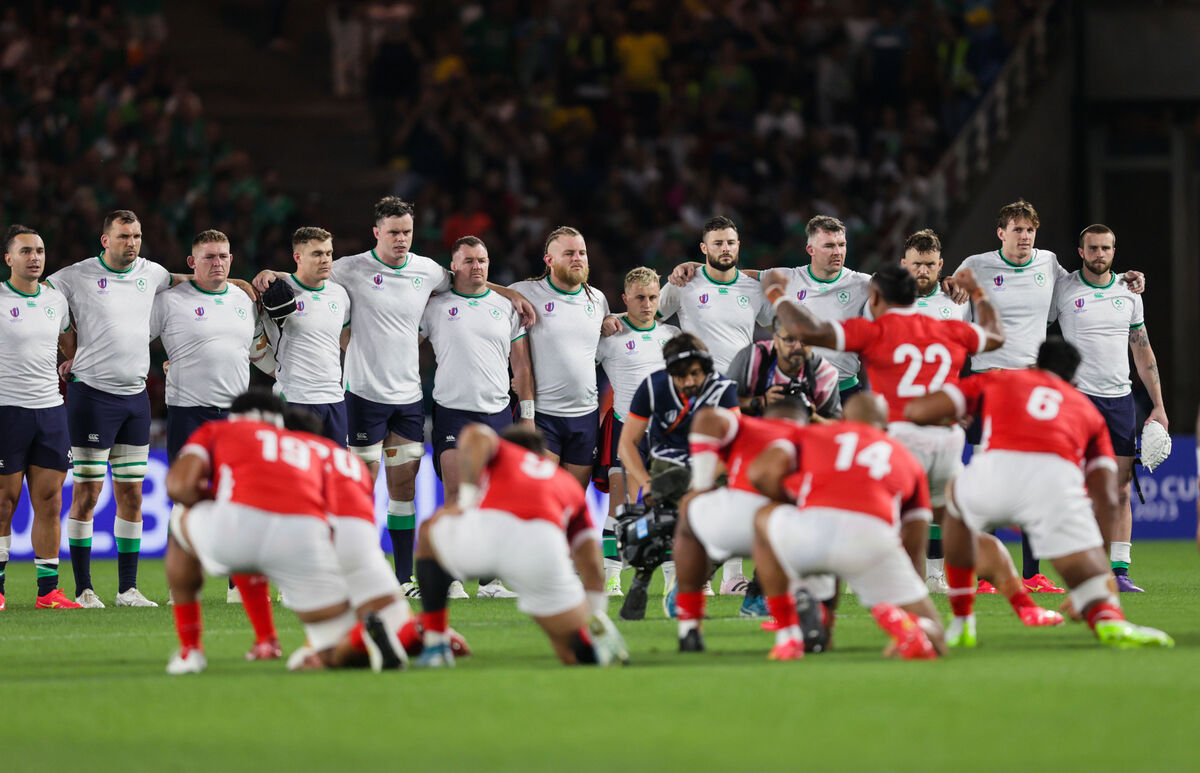 CHALLENGE ACCEPTED: Ireland stand as Tonga perform the Sipi Tau. Picture: INPHO/Laszlo Geczo