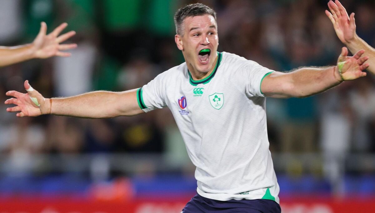Ireland’s Jonathan Sexton celebrates after scoring 