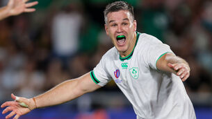 <p>BROKEN RECORD: Ireland’s Jonathan Sexton celebrates after scoring a try. Picture: INPHO/Laszlo Geczo</p>