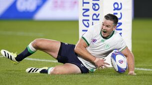<p>Ireland's Johnny Sexton scores the fourth try of the game and a record-breaker for him personally. </p>