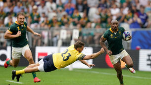 <p>South Africa's Makazole Mapimpi (right) gets away from Romania's Gabriel Pop during the Rugby World Cup 2023, Pool B match at the Matmut Atlantique Stadium, France. Picture: Adam Davy/PA Wire </p>