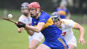 <p>BREAKING FREE: Carrigaline's Kevin O’Reilly bears down on goal and away from Bandon’s Peter Murphy during the Cork Premier IHC relegation play-off in Ballinspittle.</p>