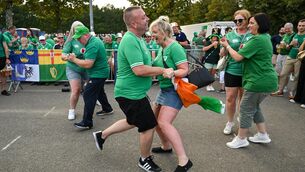 <p>Ireland supporters dance before the 2023 Rugby World Cup Pool B match against Tonga. Photo by Brendan Moran/Sportsfile</p>