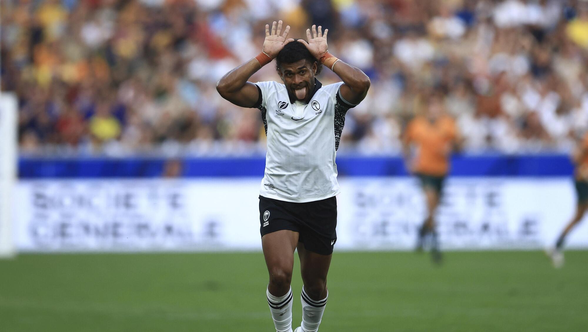 INSPIRATIONAL: Fiji's Simione Kuruvoli reacts during the Rugby World Cup Pool C match between Australia and Fiji. (AP Photo/Aurelien Morissard)