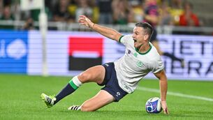 <p>RECORD MAN: Jonathan Sexton of Ireland celebrates scoring his side's fourth try. Brendan Moran/Sportsfile</p>